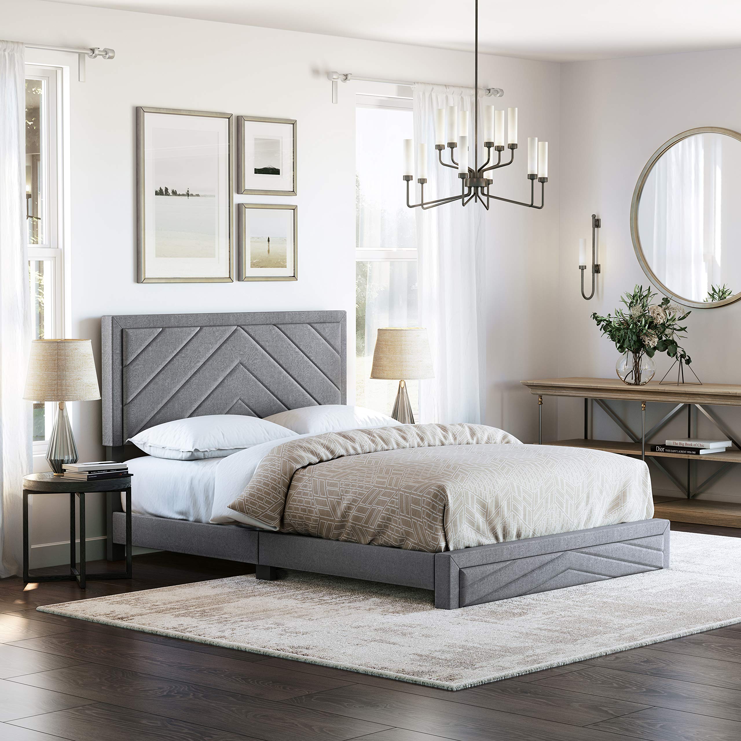 Boyd Sleep Barcelona Upholstered Platform Bed with Headboard and Durable Mattress Foundation with Strong 14 Wood Slat Supports, No BoxSpring Required: King, Gray